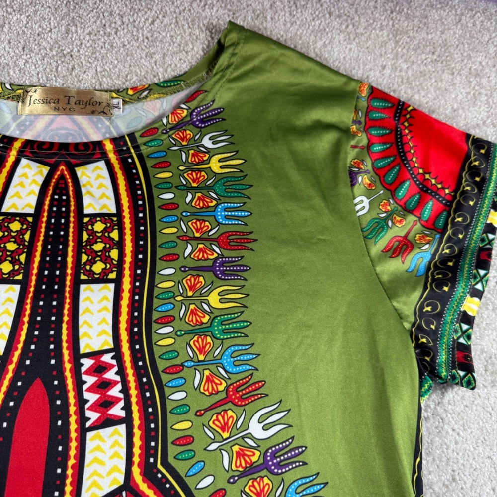 Jessica Taylor NYC Womens XL Dashiki Print Tunic Dress Green Red Tribal Boho XL